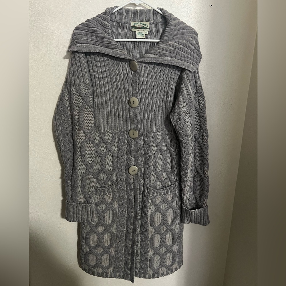 ARAN CRAFTS Ireland 100% Merino Wool Cable Knit Duster Sweater Grey Women's Sz M